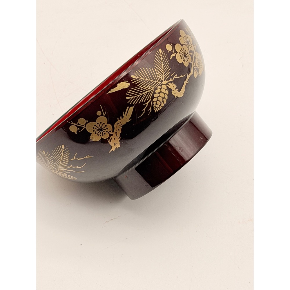 Japanese Lacquerware Miso Soup Bowl Red Gold Floral Pine Branch Design 4.75in